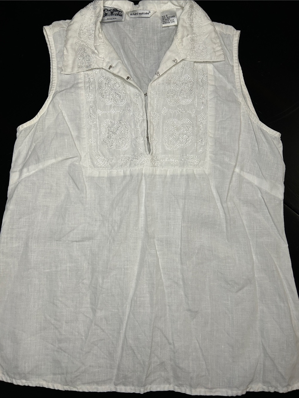 Richard Malcolm White Embroidered 100% natural Irish Linen Camisole Top